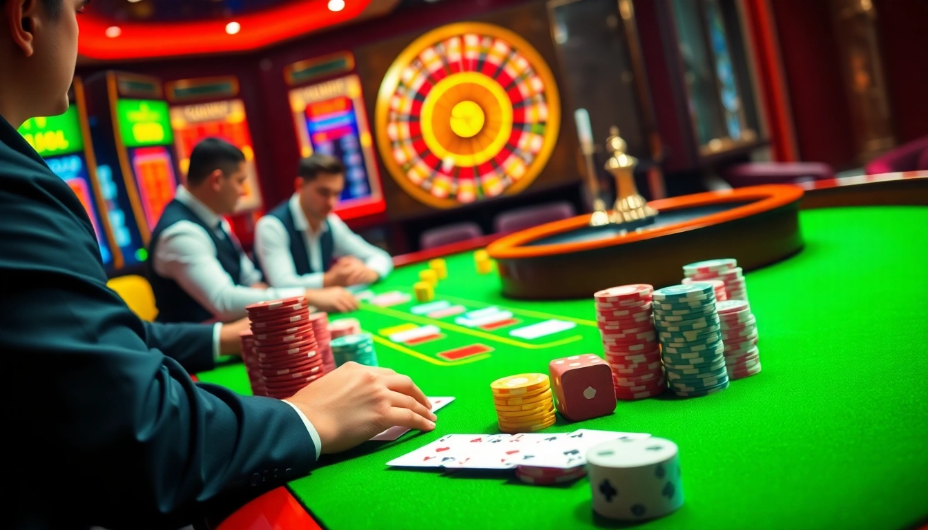 Experience the excitement of Casino en Ligne with a vibrant online gaming scene showcasing poker and roulette.