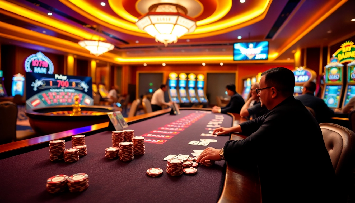 Dynamic casino action at Bay789 with players engaged in poker, roulette, and vibrant gaming visuals.