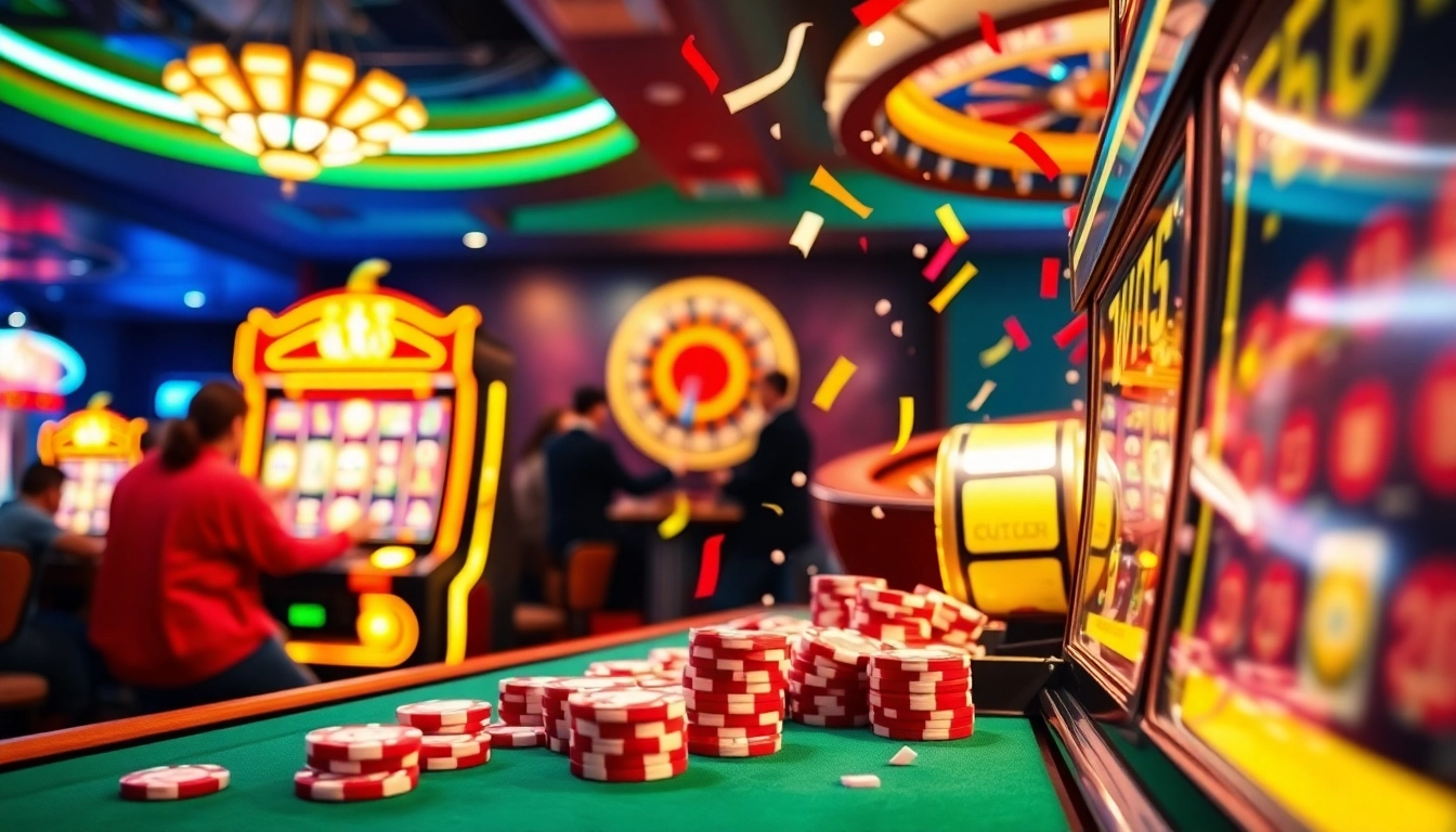 Situs bonus new member showcasing players winning on vibrant slot machines in a lively casino atmosphere.