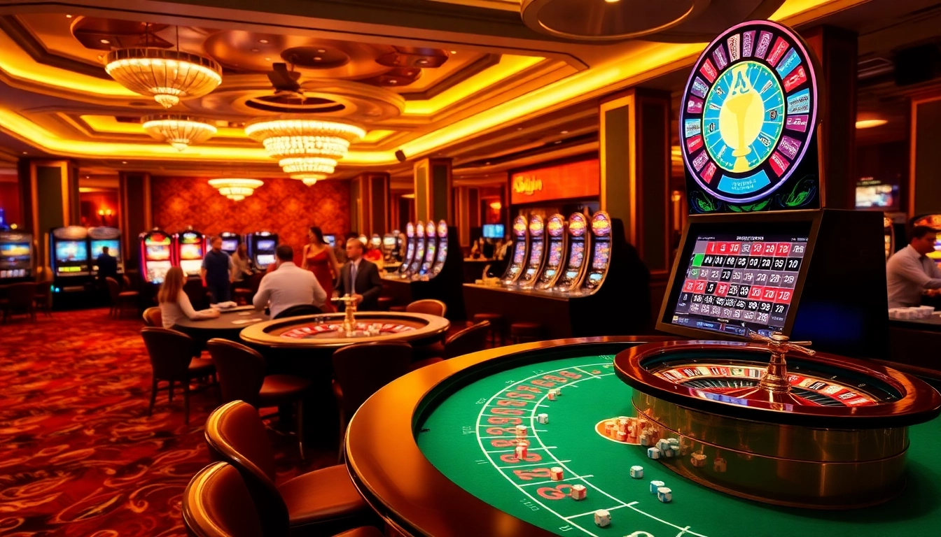 Engaging casino en ligne francais scene showing players enjoying roulette and slot machines amidst vibrant decor.