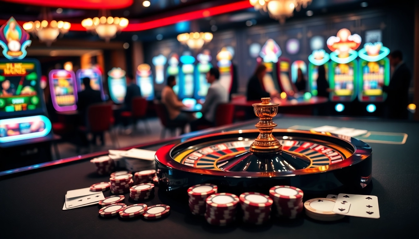 Exciting gambling atmosphere at meilleur casino en ligne France featuring roulette, cards, and chips.